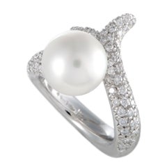 Mikimoto 18 Karat White Gold Diamond and White Pearl Bypass Ring