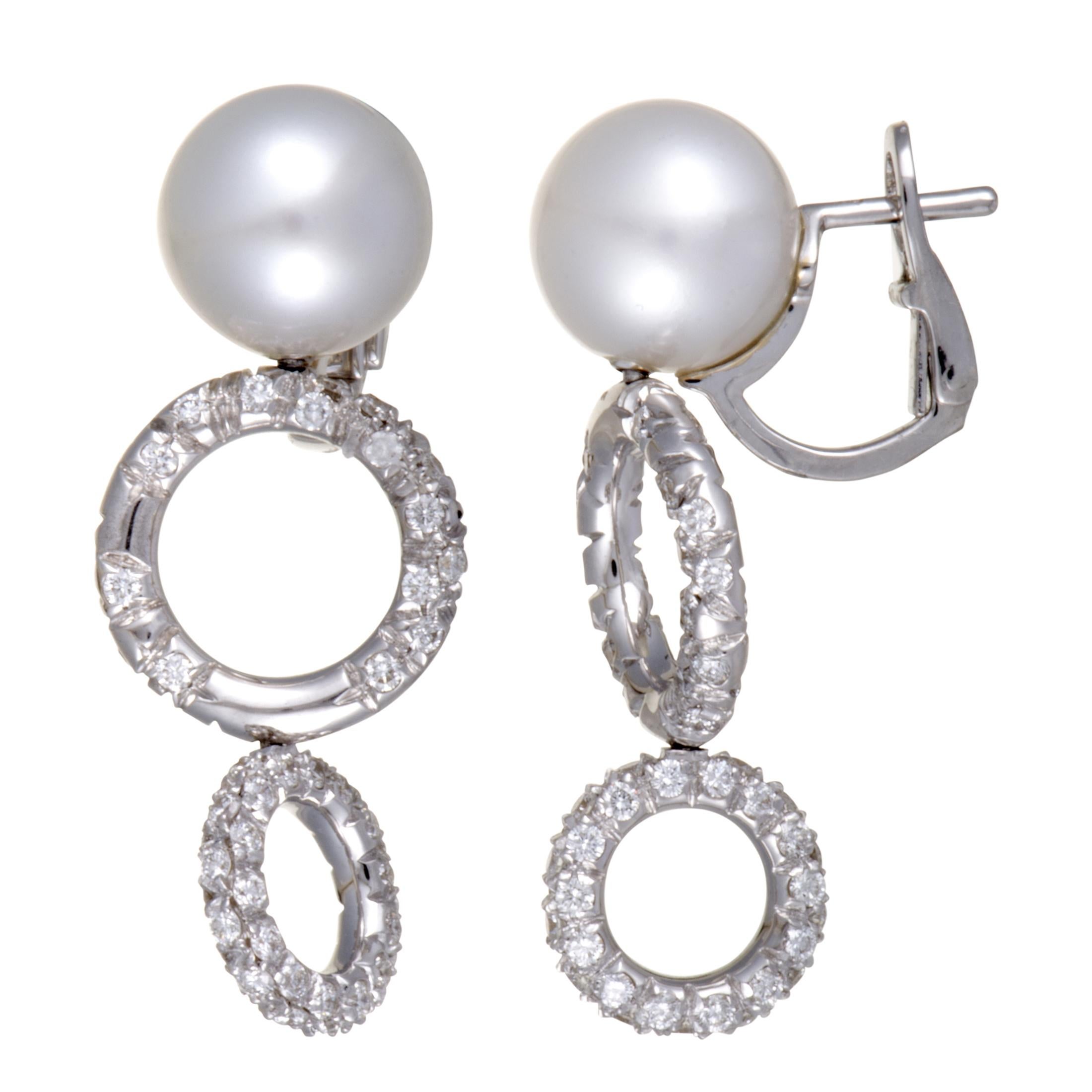 Mikimoto 18 Karat White Gold Diamond and White Pearl Dangle Earrings In Excellent Condition In Southampton, PA