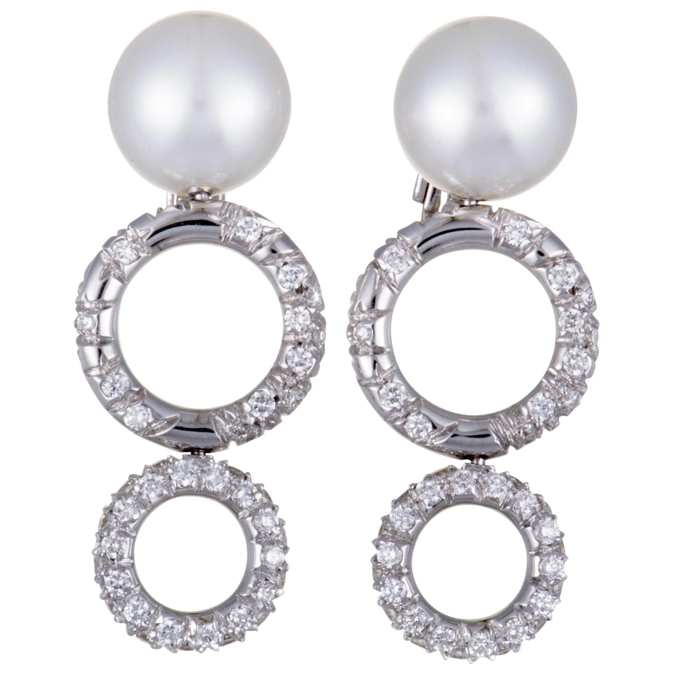 Mikimoto 18 Karat White Gold Diamond and White Pearl Dangle Earrings