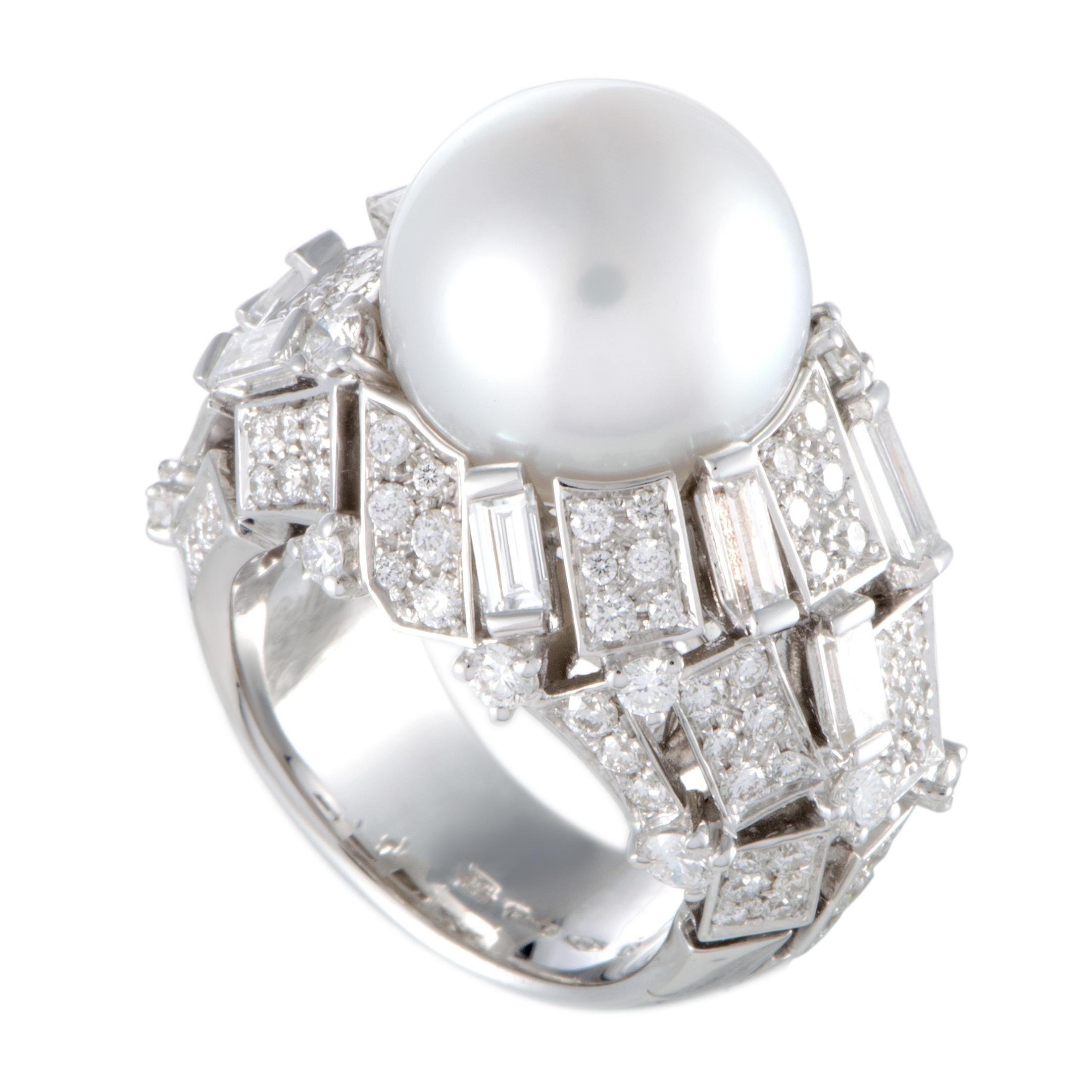 Mikimoto 18 Karat White Gold Diamond and White Pearl Large Ring