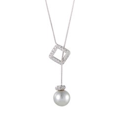 Mikimoto 18 Karat White Gold Diamond and White Pearl Lariat Necklace