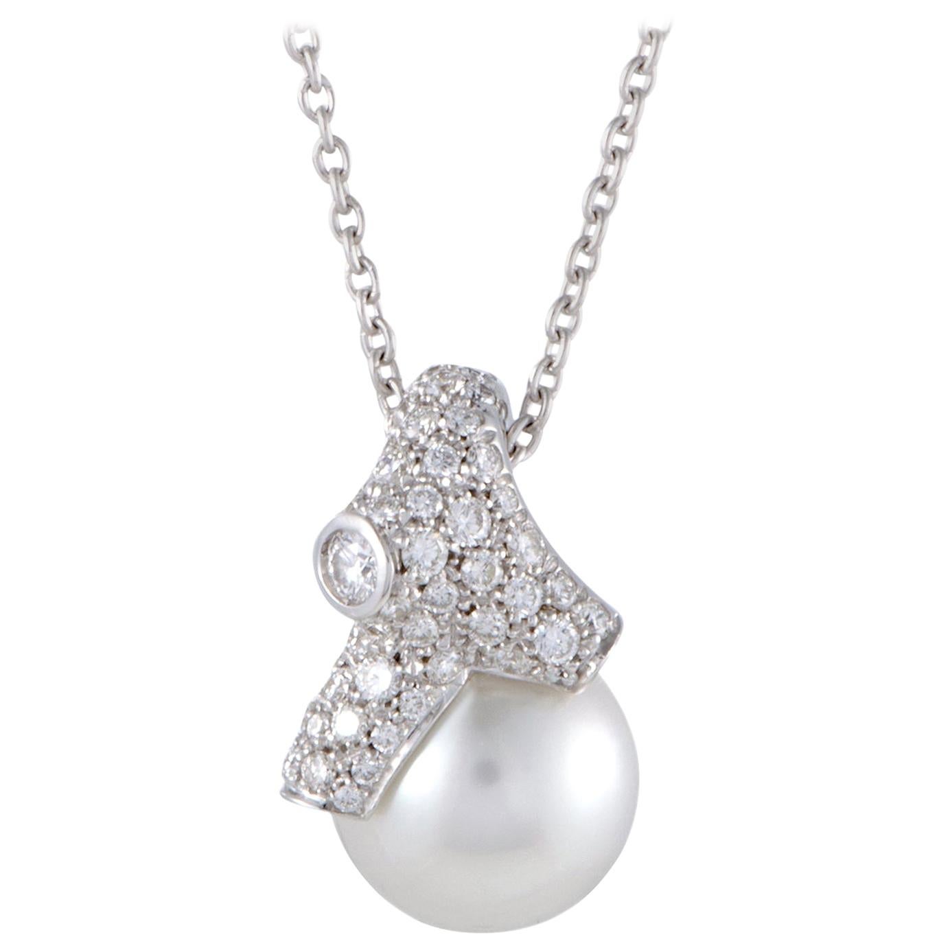 Mikimoto 18 Karat White Gold Diamond and White Pearl Pendant Necklace