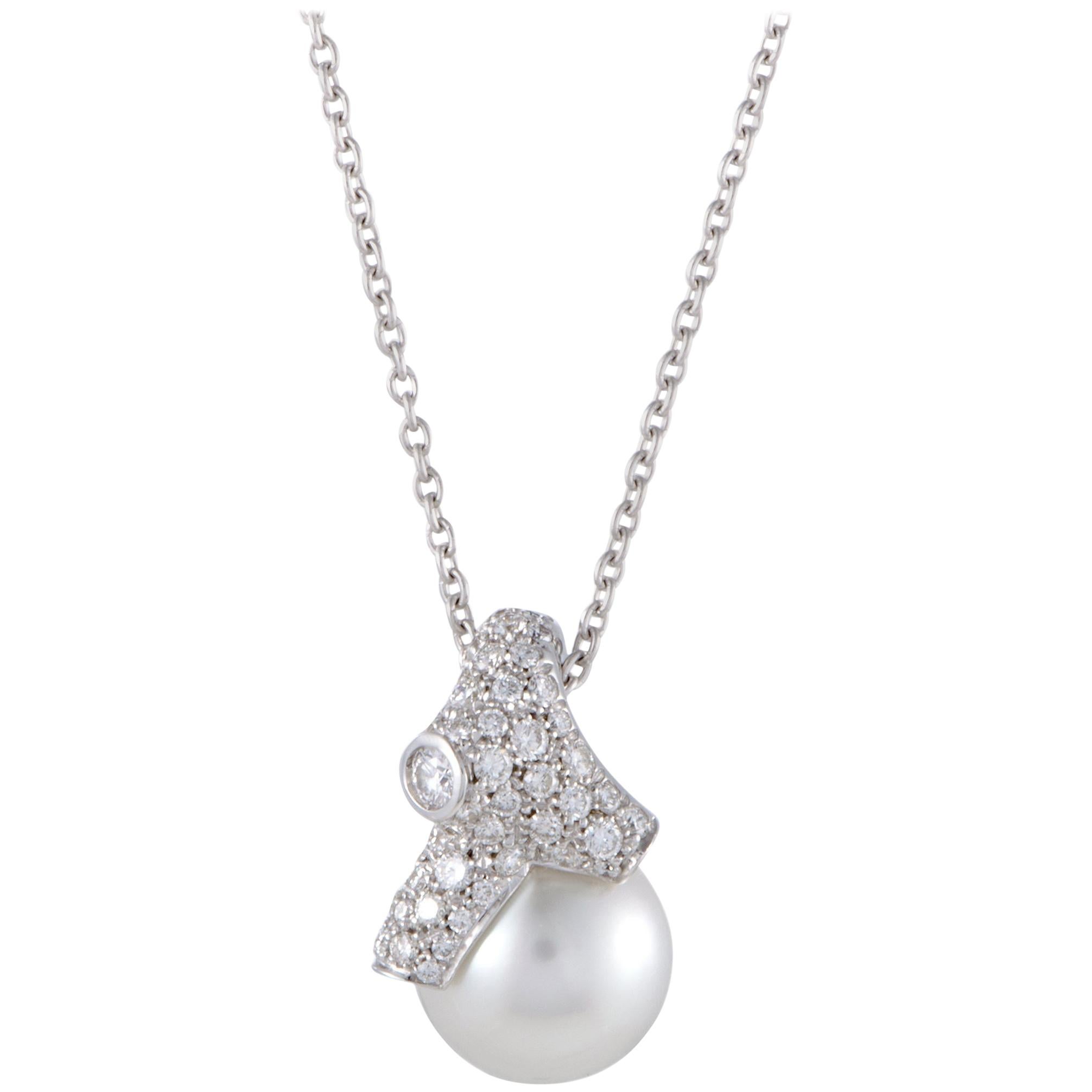 Mikimoto 18 Karat White Gold Diamond and White Pearl Pendant Necklace
