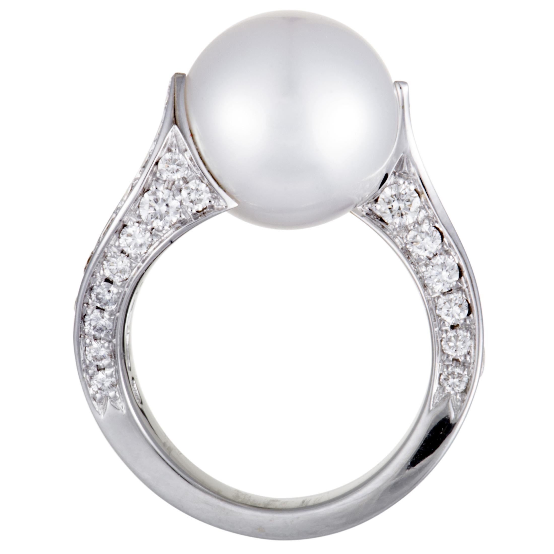 Women's Mikimoto 18 Karat White Gold Diamond and White Pearl Ring