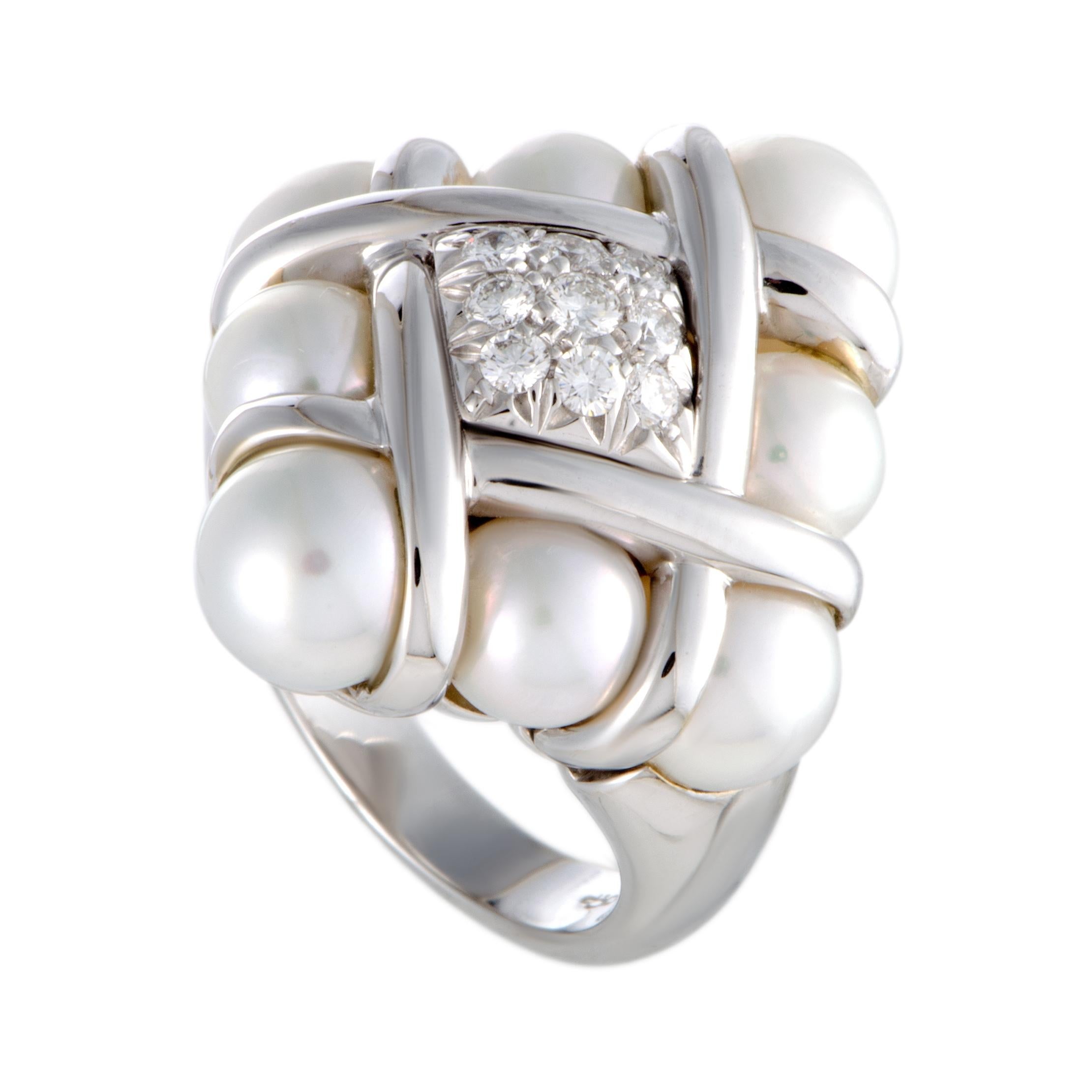 Mikimoto 18 Karat White Gold Diamonds and 8 Akoya Pearls Ring