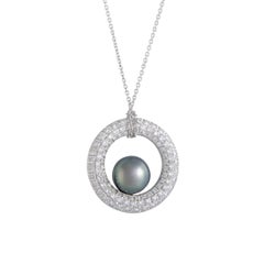 Mikimoto 18 Karat White Gold Full Diamond and Black Pearl Circle Pendant