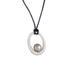 Mikimoto 18 Karat White Gold Full Diamond and Black Pearl Pendant