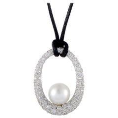 Mikimoto 18 Karat White Gold Full Diamond and White Pearl Pendant Black