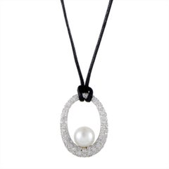 Mikimoto 18 Karat White Gold Full Diamond and White Pearl Pendant Black