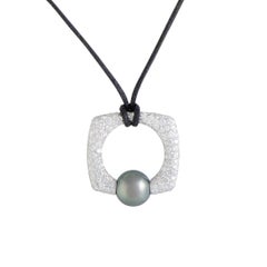 Mikimoto 18 Karat White Gold Full Diamond Pave and Black Pearl Square Pendant