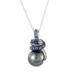 Mikimoto 18 Karat White Gold Sapphires and Black Pearl Pendant Necklace