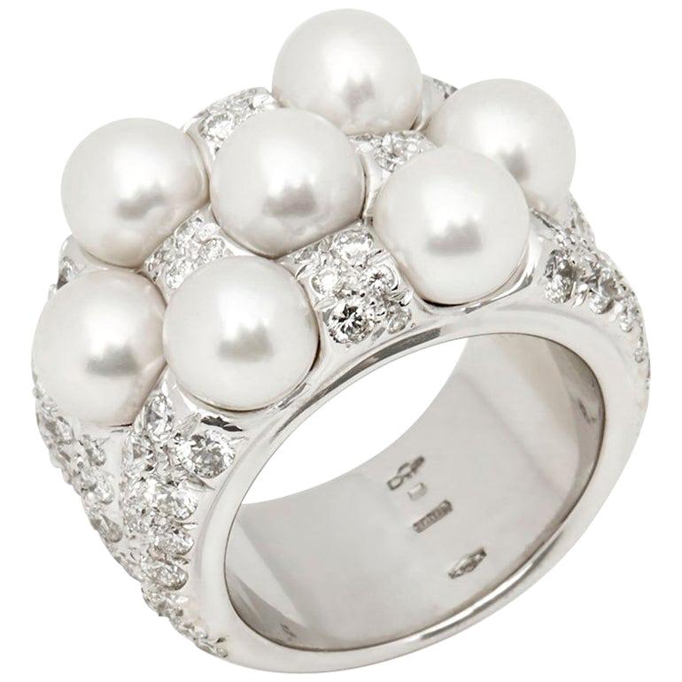 Mikimoto 18 Karat White Gold Seven Akoya Pearl and Diamond Cocktail Ring