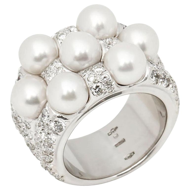 Mikimoto 18 Karat White Gold Seven Akoya Pearl and Diamond Cocktail Ring