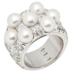 Mikimoto 18 Karat White Gold Seven Akoya Pearl and Diamond Cocktail Ring