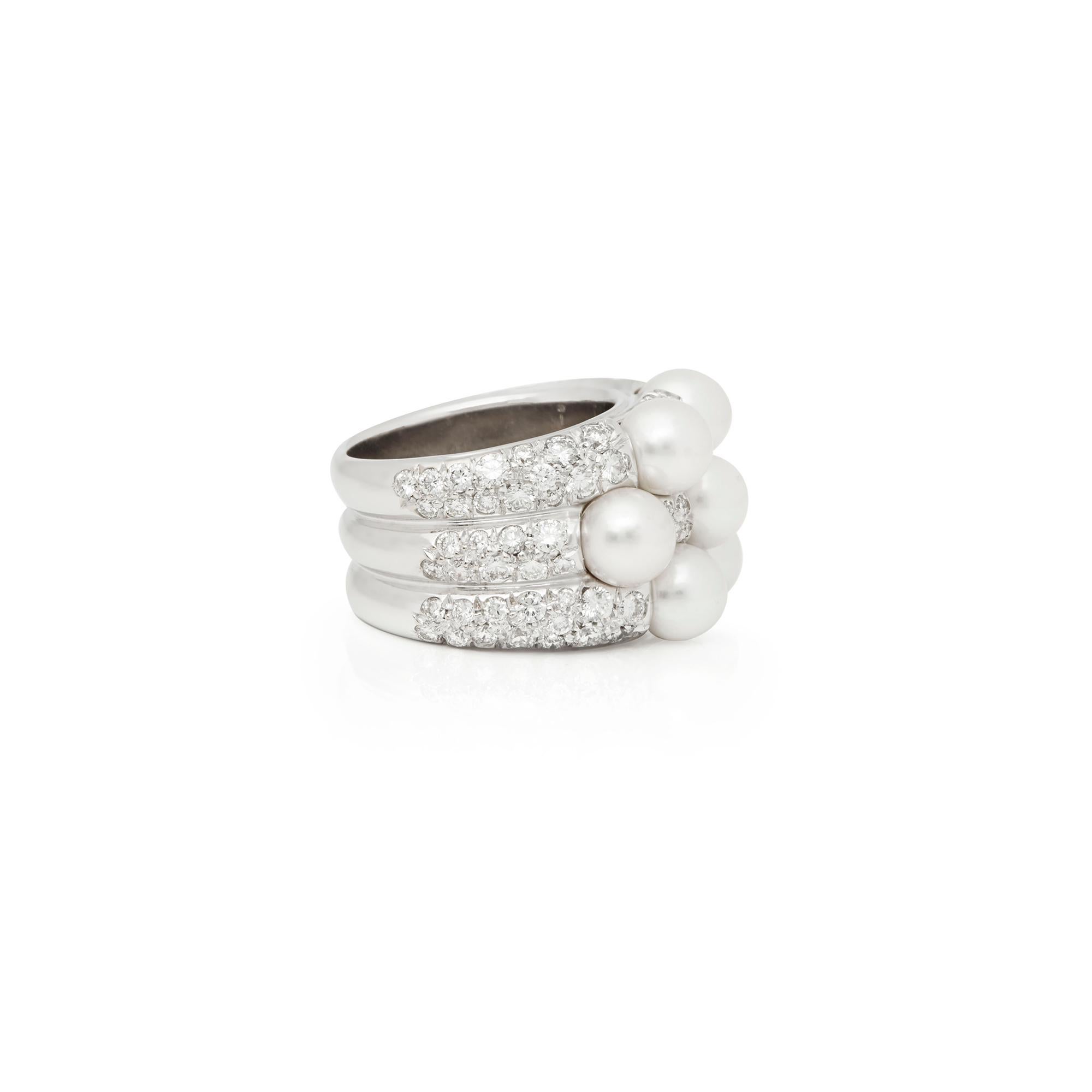 Mikimoto 18 Karat White Gold Seven Akoya Pearl and Diamond Cocktail Ring In Excellent Condition In Bishop's Stortford, Hertfordshire