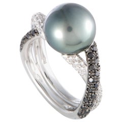 Mikimoto 18 Karat White Gold White and Black Diamonds and Black Pearl Ring