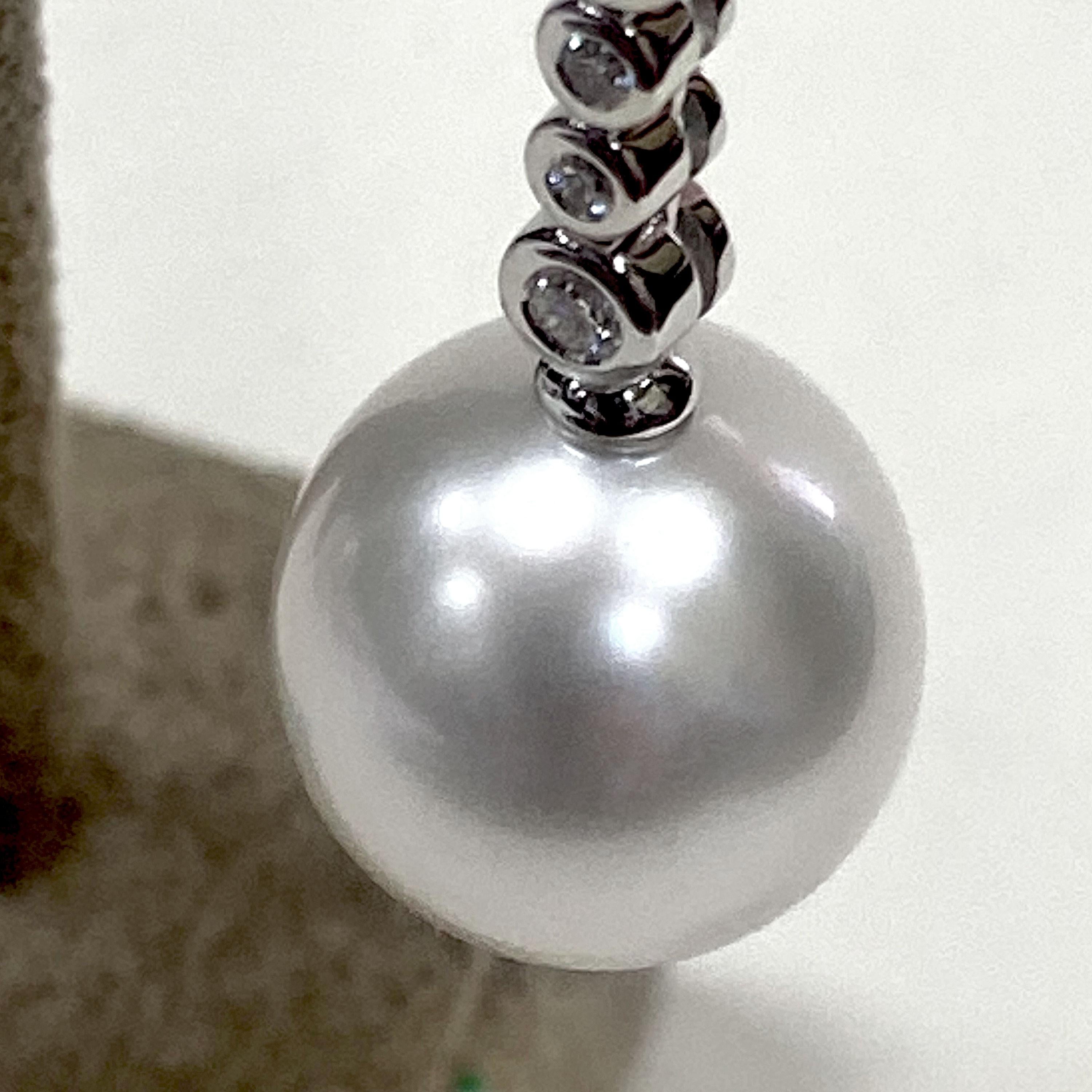 Round Cut Mikimoto 18 Karat White Gold White South Sea Pearl and Diamond Dangle Earrings For Sale