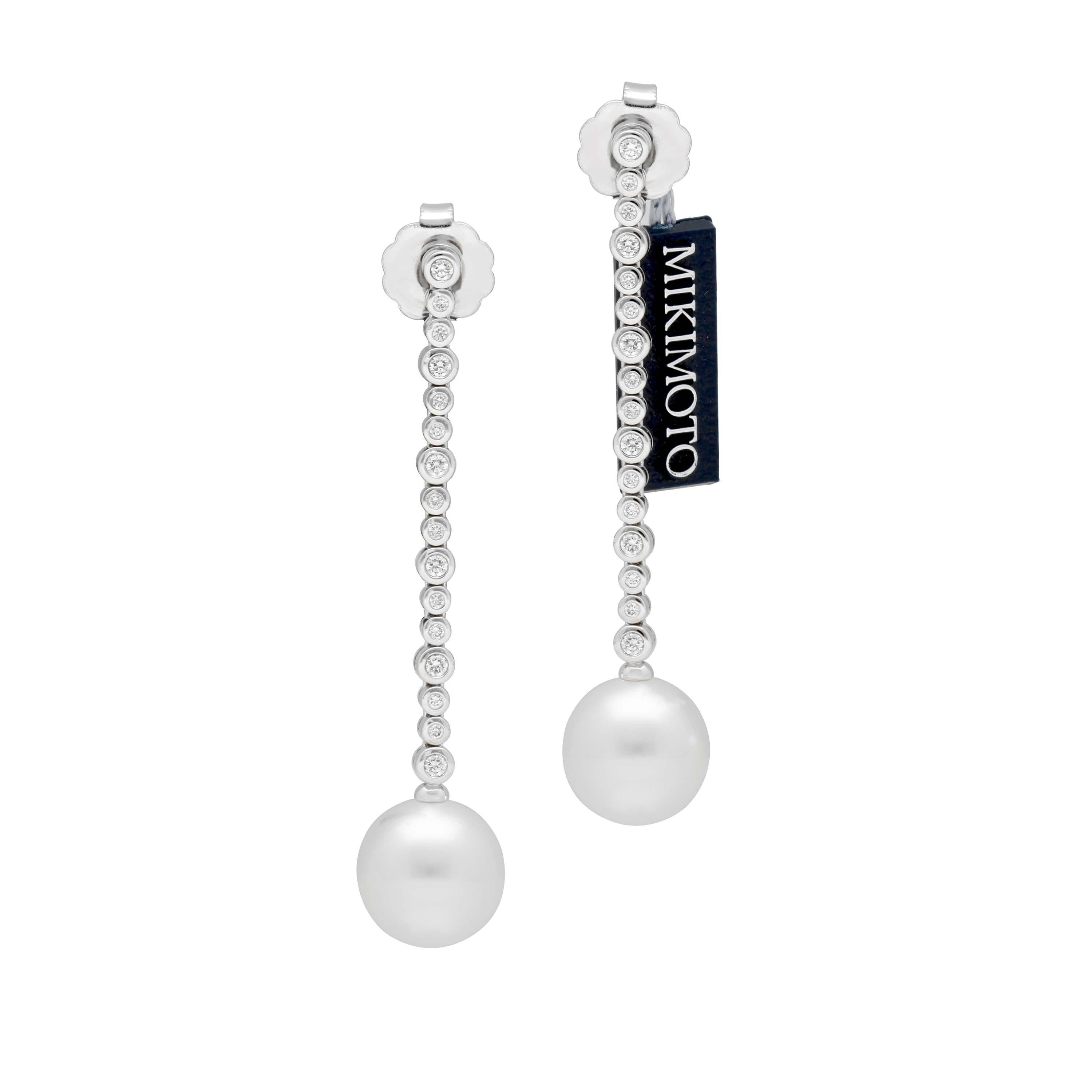 Mikimoto 18 Karat White Gold White South Sea Pearl and Diamond Dangle Earrings For Sale