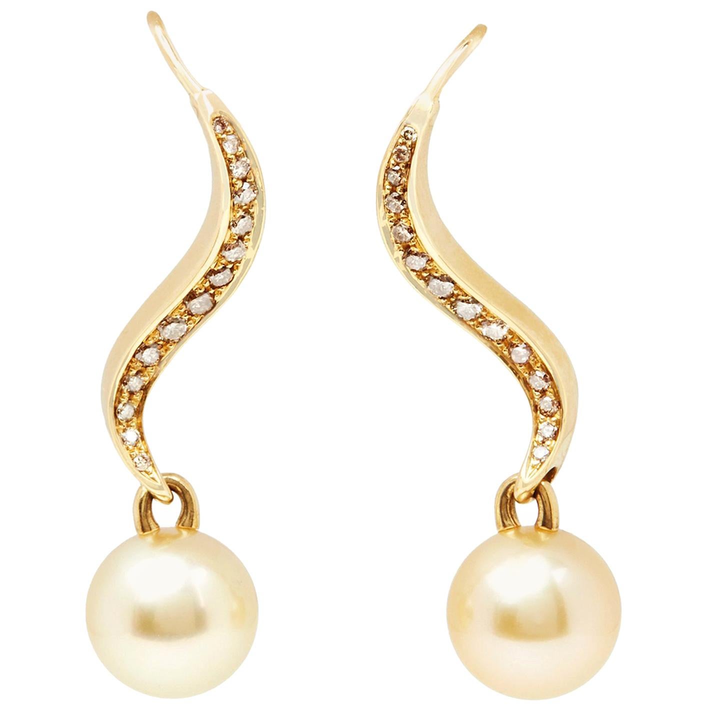 Mikimoto 18 Karat Yellow Gold Akoya Pearl and Diamond Drop Earrings