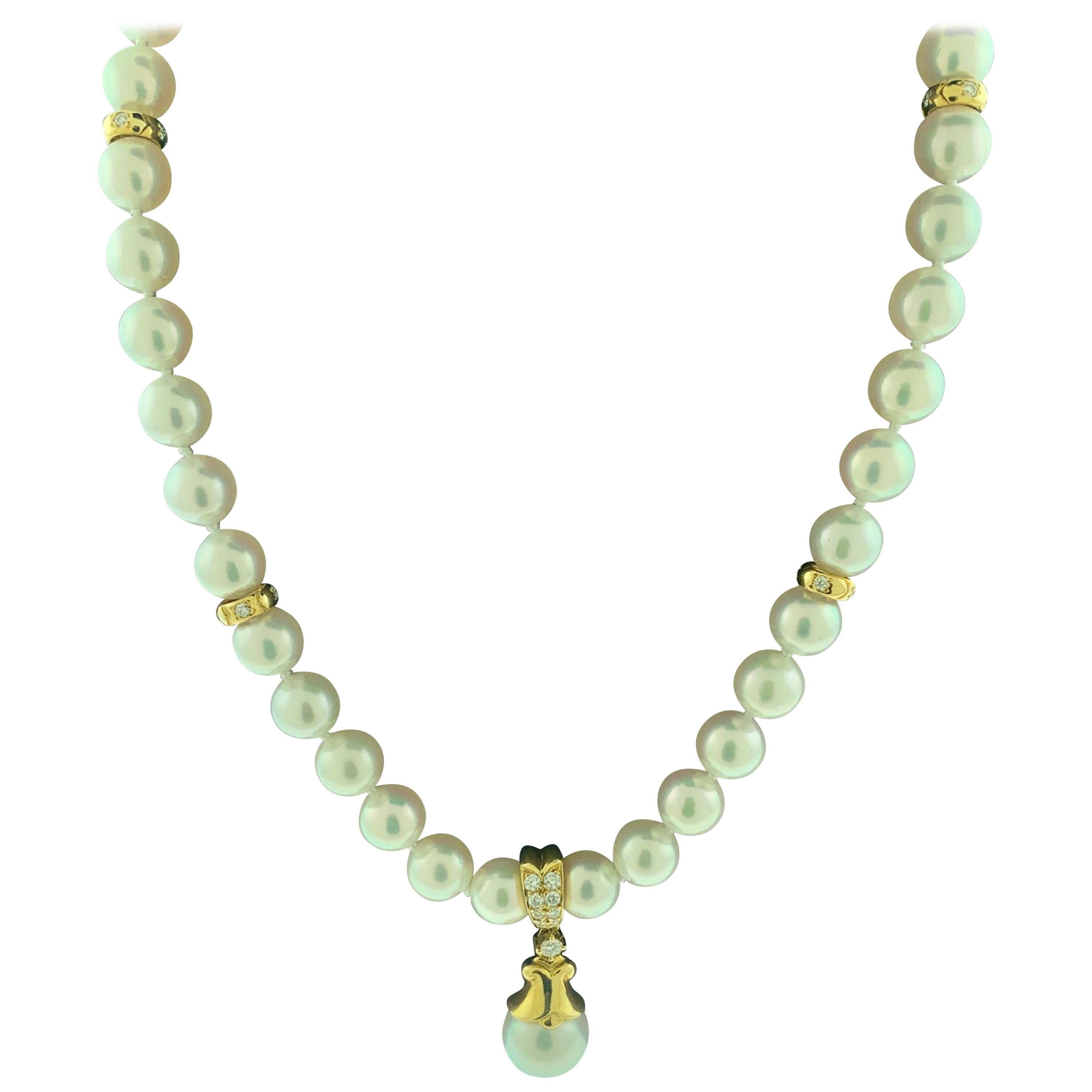 Mikimoto 18 Karat Yellow Gold and Diamonds Drop Pendant Pearl Strand Necklace