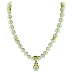 Vintage Mikimoto 18 Karat Yellow Gold and Diamonds Drop Pendant Pearl Strand Necklace