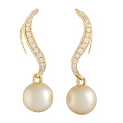 Mikimoto 18 Karat Yellow Gold Diamond and Golden Pearl Dangle Earrings