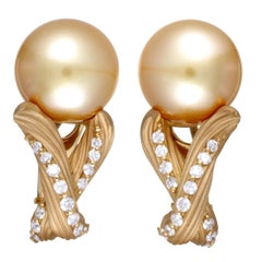 Mikimoto 18 Karat Yellow Gold Diamond and Golden Pearl Earrings