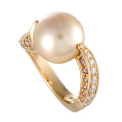 Mikimoto 18 Karat Yellow Gold Diamond and Golden Pearl Ring