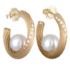 Mikimoto 18 Karat Yellow Gold Diamond and White Pearl Hoop Earrings