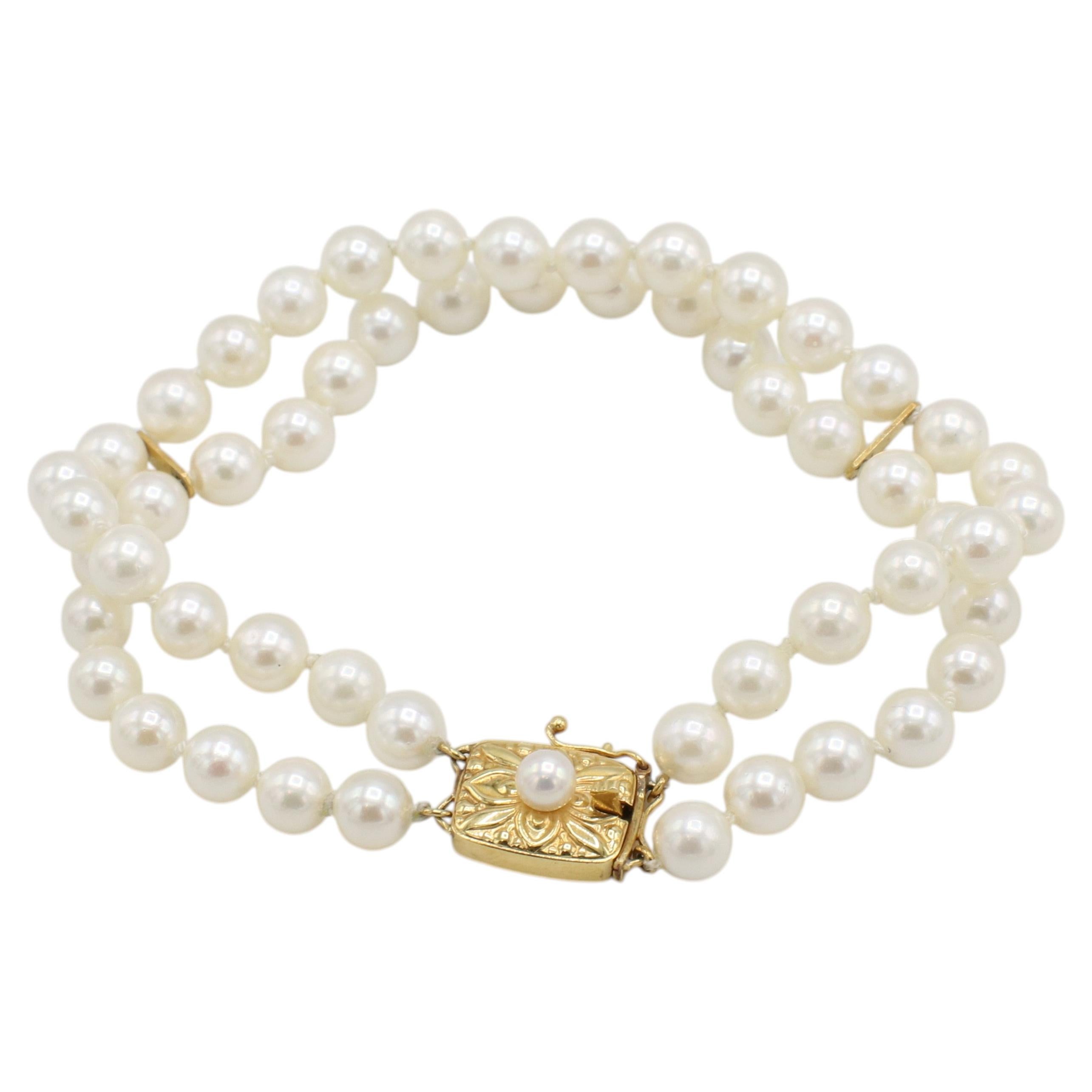 Mikimoto 18 Karat Yellow Gold Double Two-Strand Akoya Pearl Bracelet 6MM