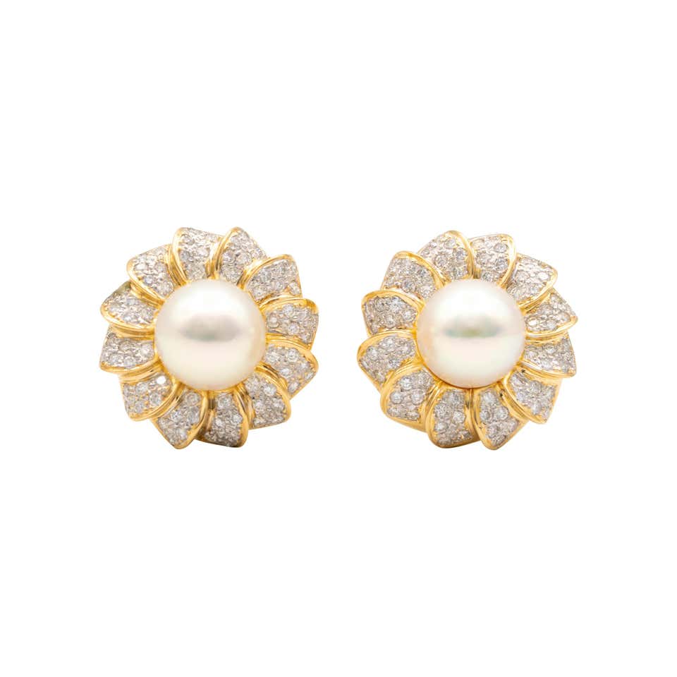 Mikimoto Gold Diamond Pearl Floral Earrings at 1stdibs