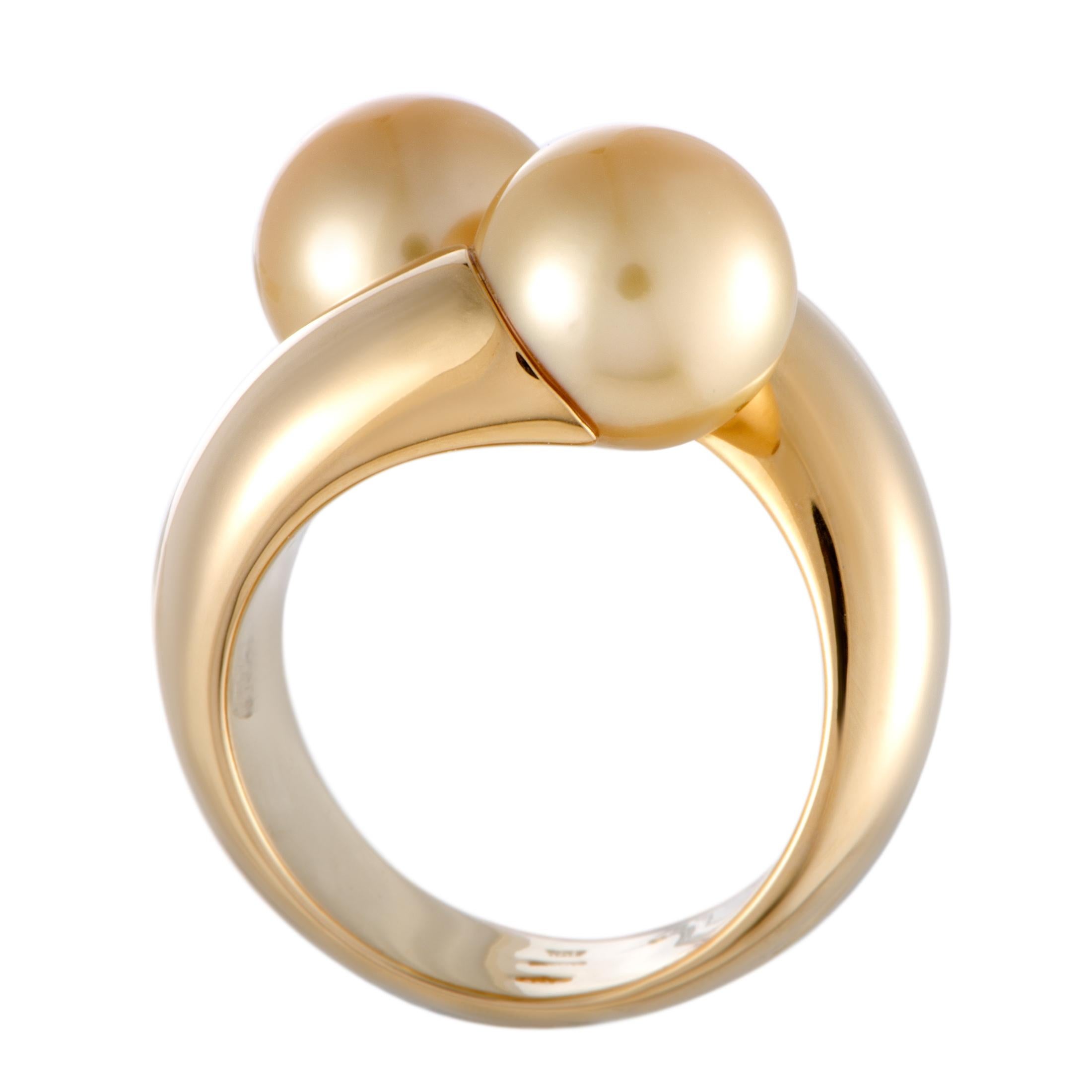 Women's Mikimoto 18 Karat Yellow Gold Two Golden Pearls Bypass Ring