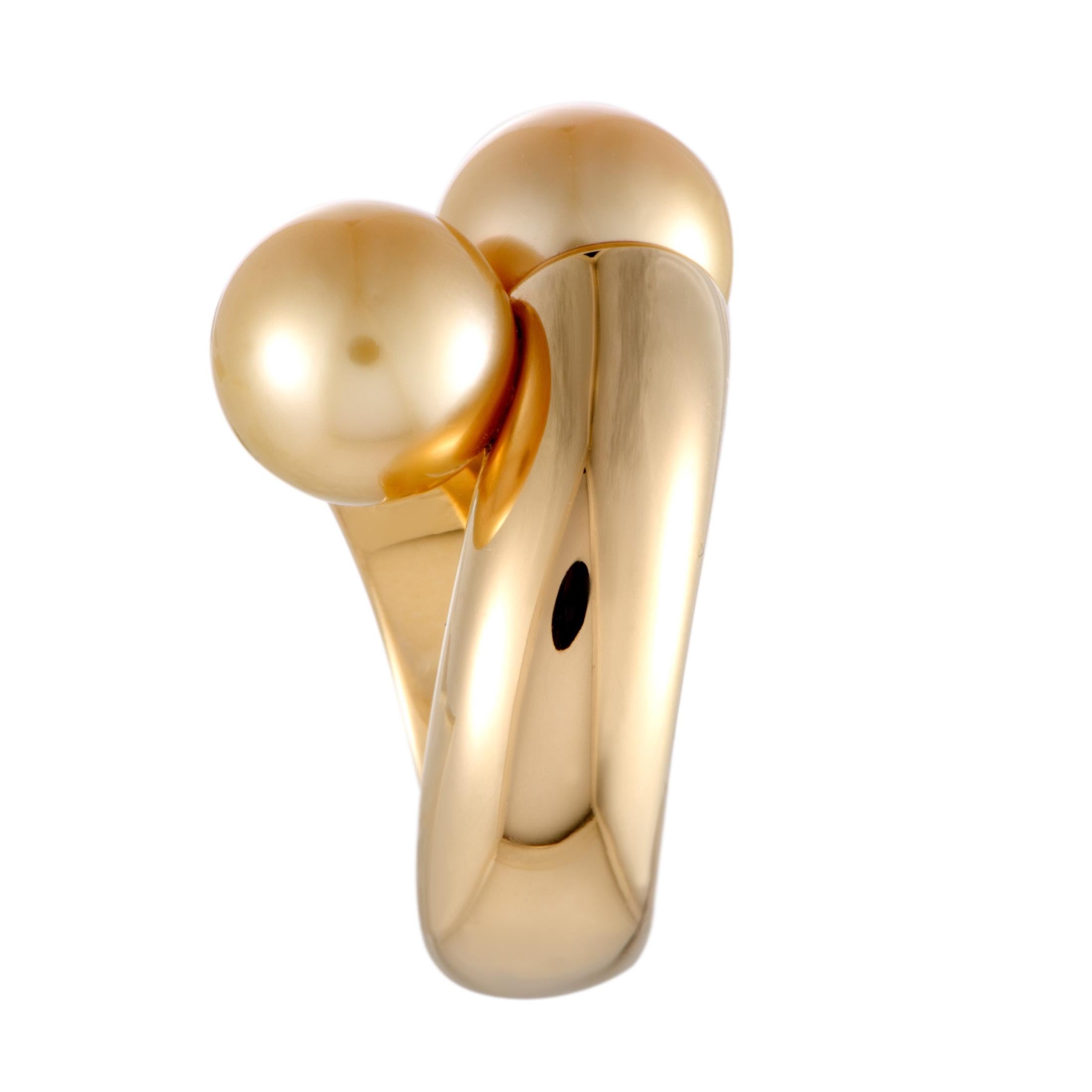 Mikimoto 18 Karat Yellow Gold Two Golden Pearls Bypass Ring 1