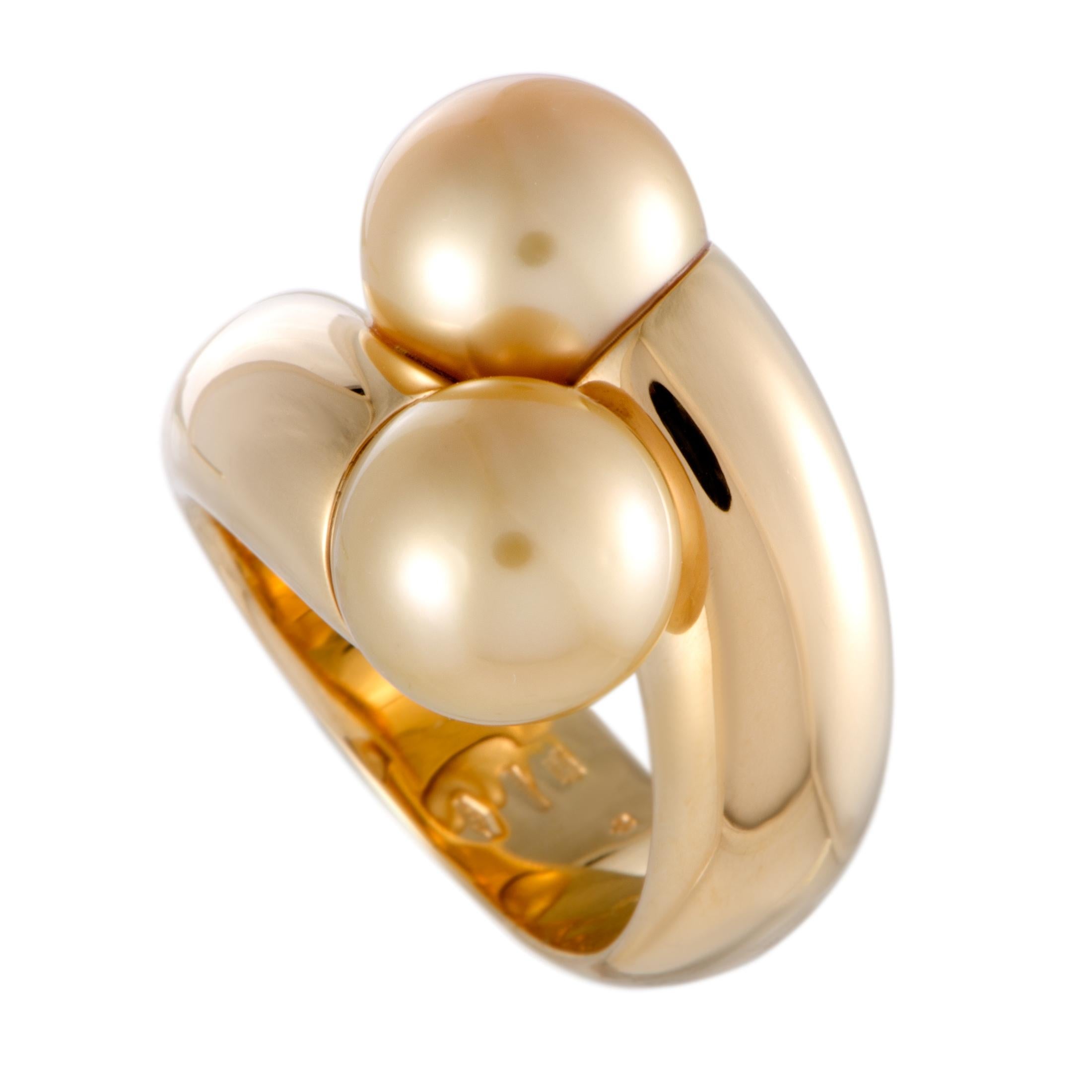 Mikimoto 18 Karat Yellow Gold Two Golden Pearls Bypass Ring