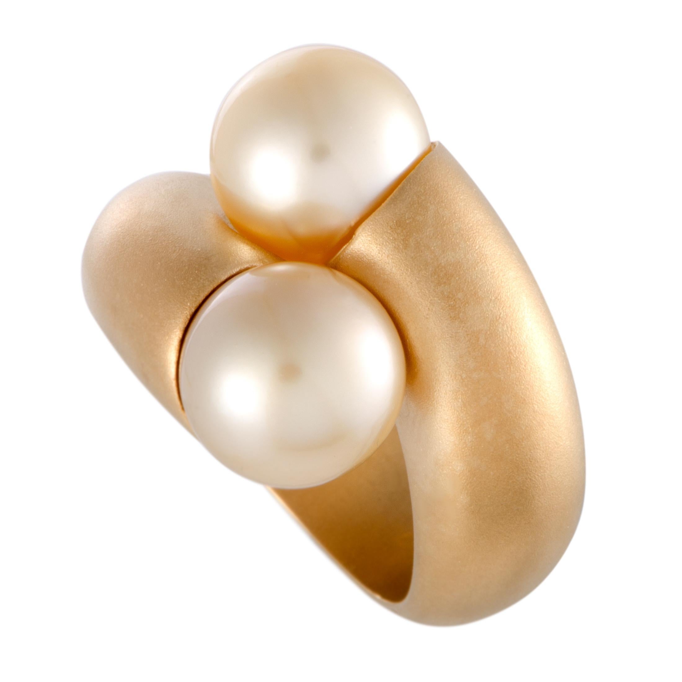 Mikimoto 18 Karat Yellow Gold Two Golden Pearls Bypass Ring