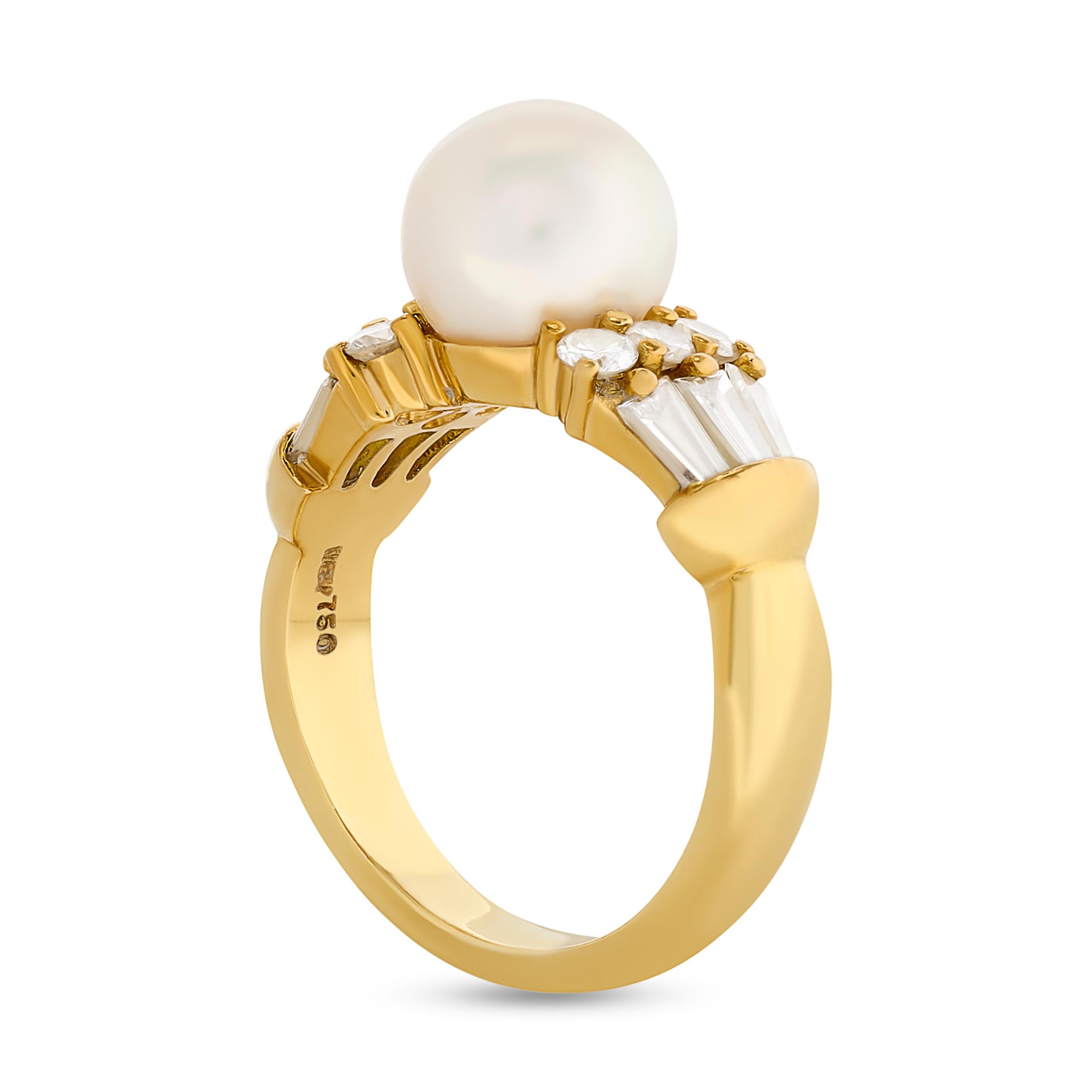A Mikimoto pearl and diamond ring - a stunning blend of a lustrous pearl, brilliant diamonds, and gleaming yellow gold. 
There are 6 round and 6 baguette diamonds that in total, weigh approximately 0.80 carats; color H-I and clarity SI. 

Ring size