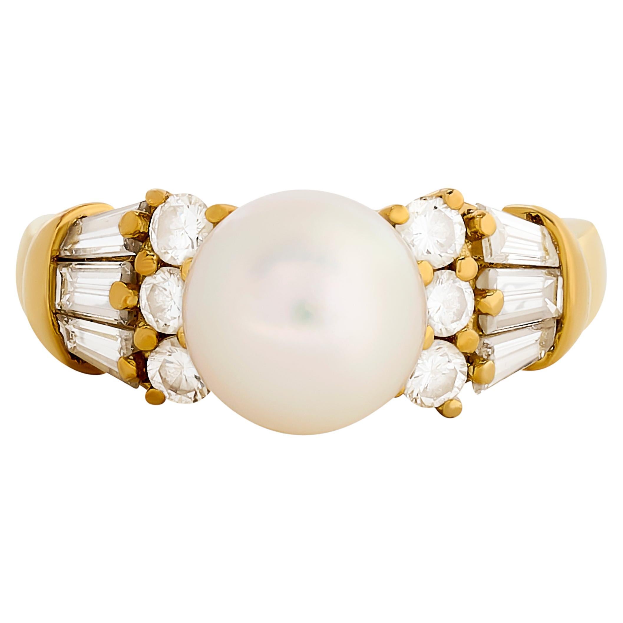 Mikimoto 18 Karat Yellow Gold White Pearl and Diamond Ring For Sale