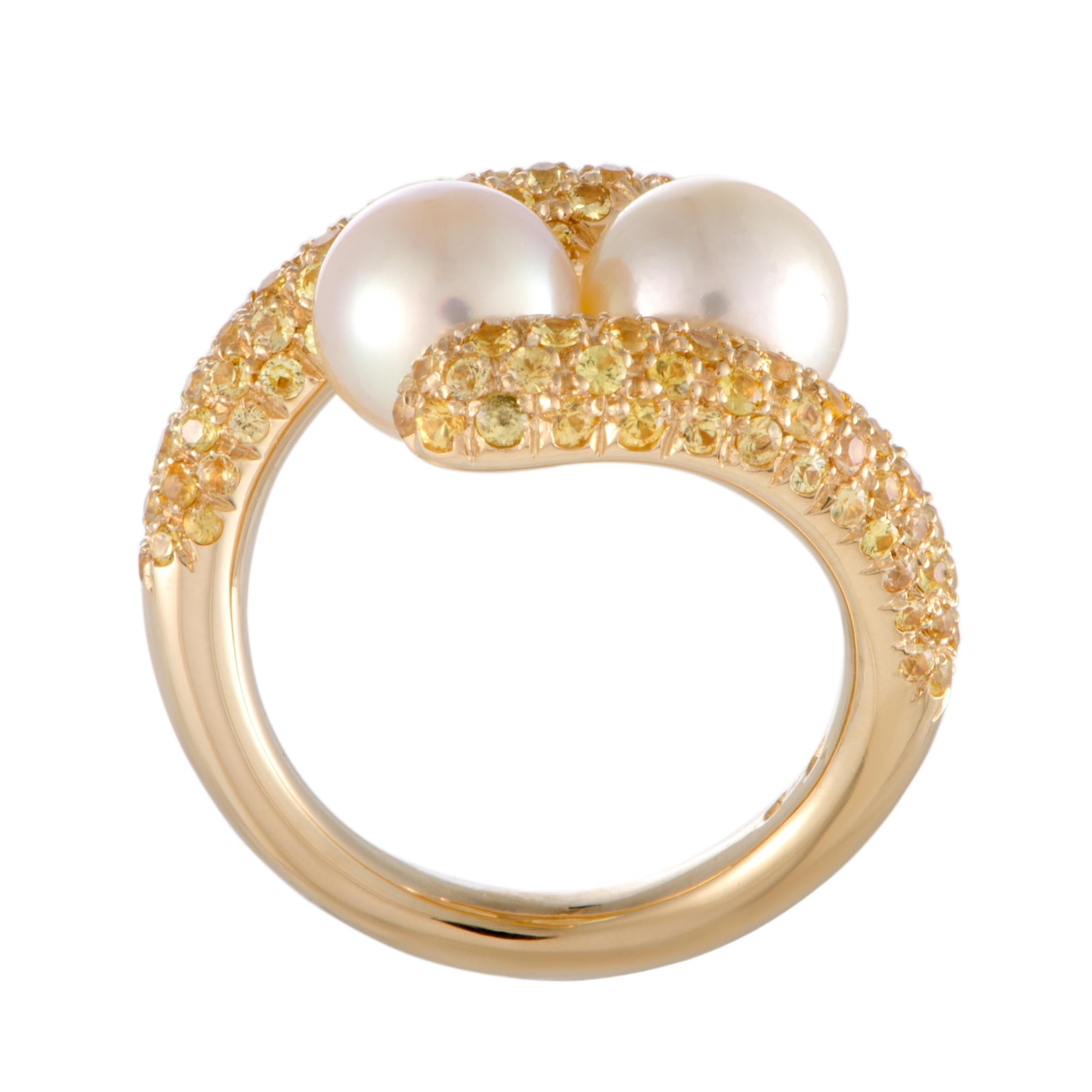 Mikimoto 18 Karat Yellow Gold Yellow Sapphire and Akoya Pearls Ring In Excellent Condition In Southampton, PA