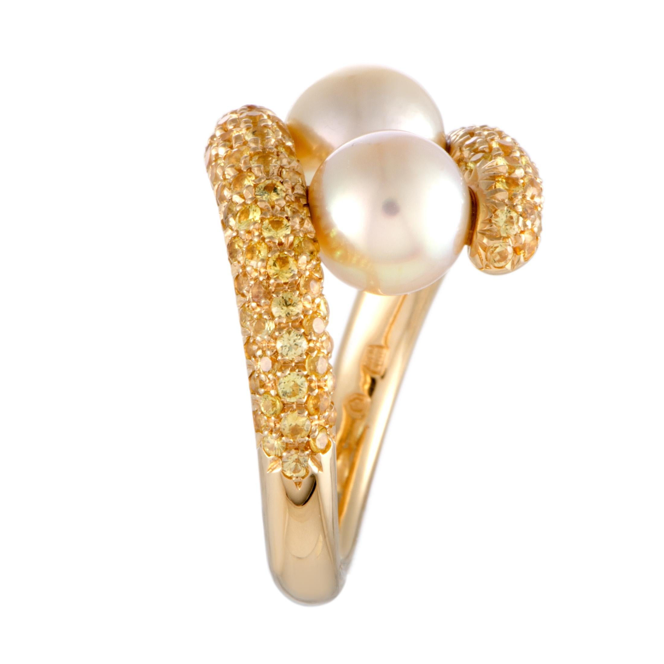 Women's Mikimoto 18 Karat Yellow Gold Yellow Sapphire and Akoya Pearls Ring
