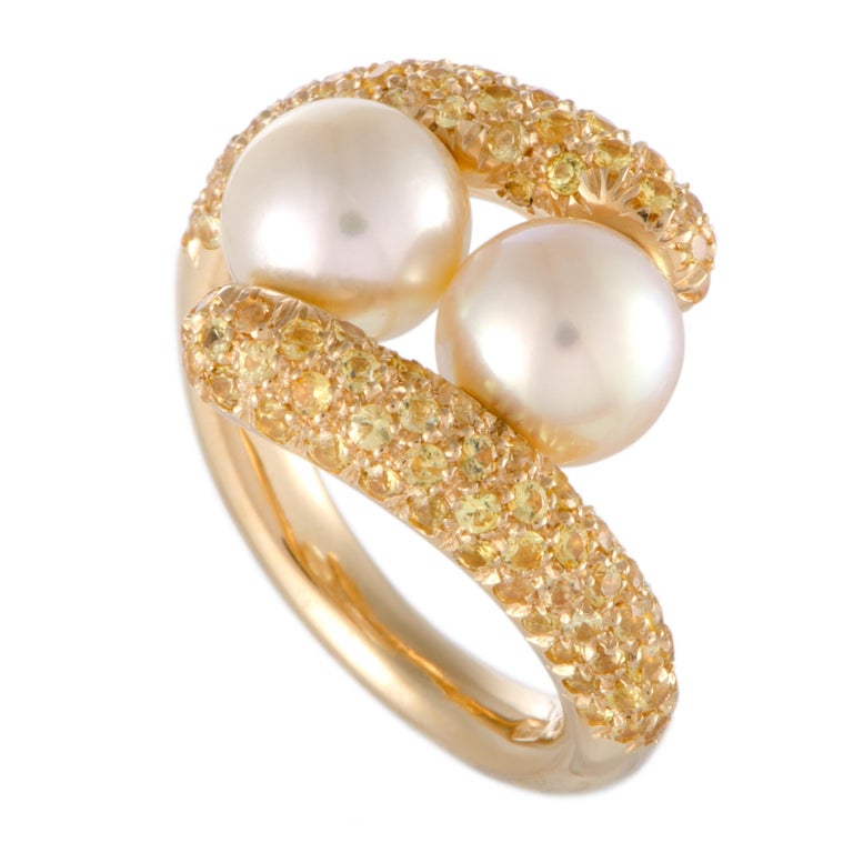 Mikimoto 18 Karat Yellow Gold Yellow Sapphire and Akoya Pearls Ring For ...