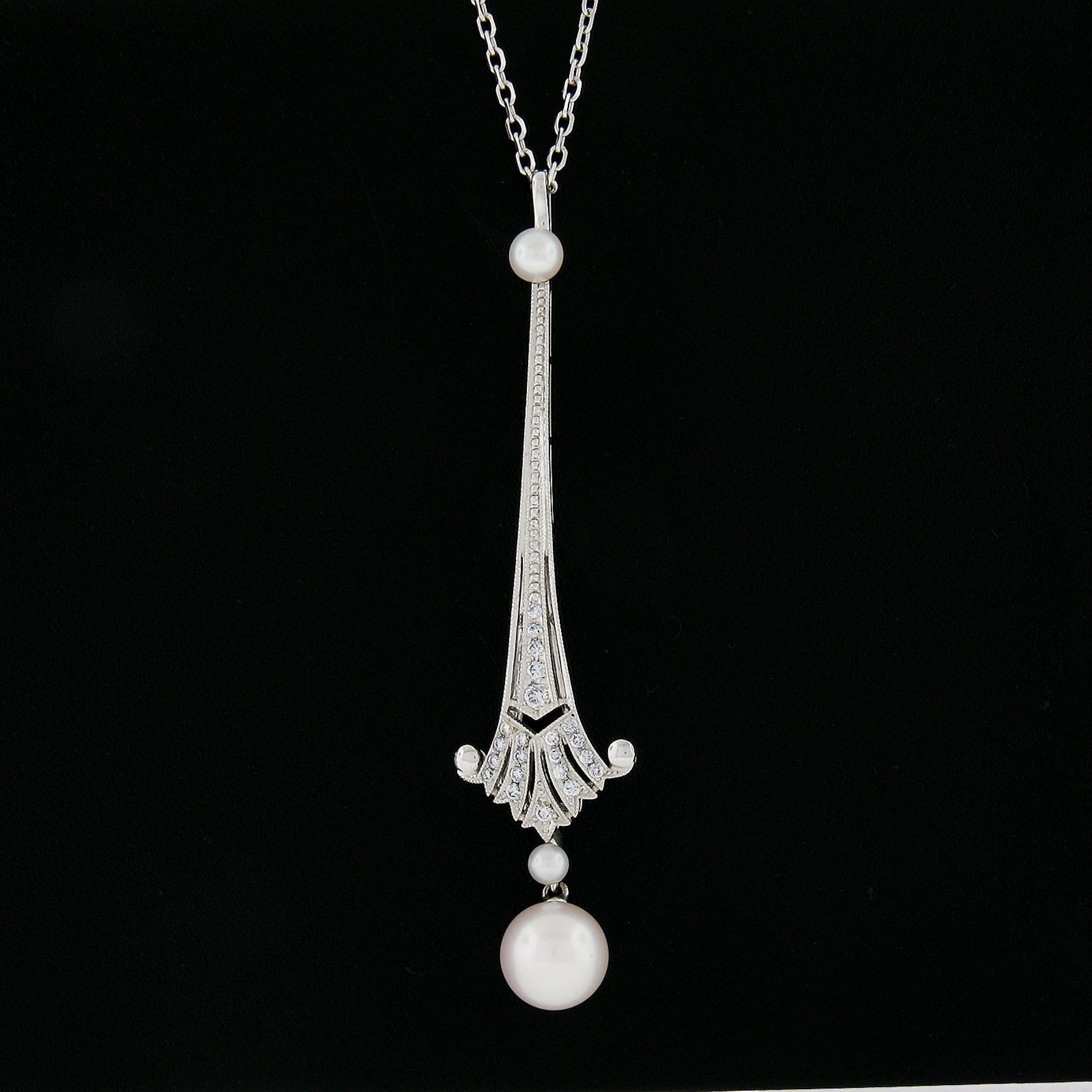 Round Cut Mikimoto 18K Gold 8.1mm Pearl & 0.12ct Diamond Dangle Pendant w/ Chain Necklace For Sale