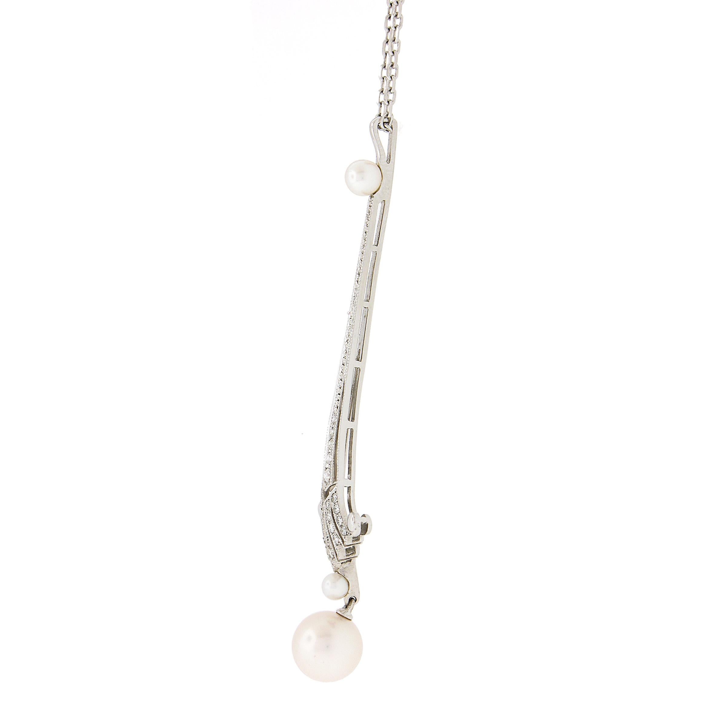Women's Mikimoto 18K Gold 8.1mm Pearl & 0.12ct Diamond Dangle Pendant w/ Chain Necklace For Sale