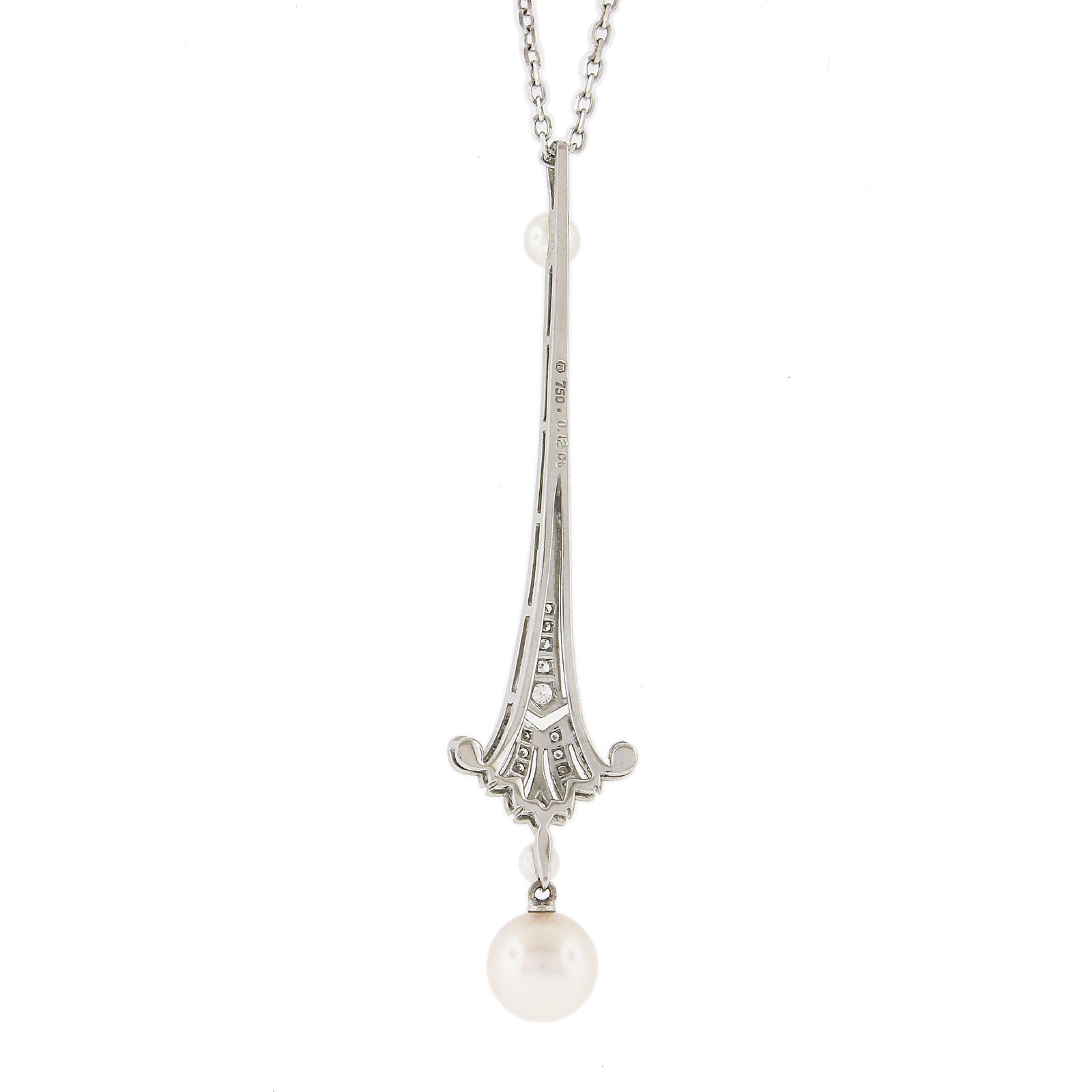 Mikimoto 18K Gold 8.1mm Pearl & 0.12ct Diamond Dangle Pendant w/ Chain Necklace For Sale 1