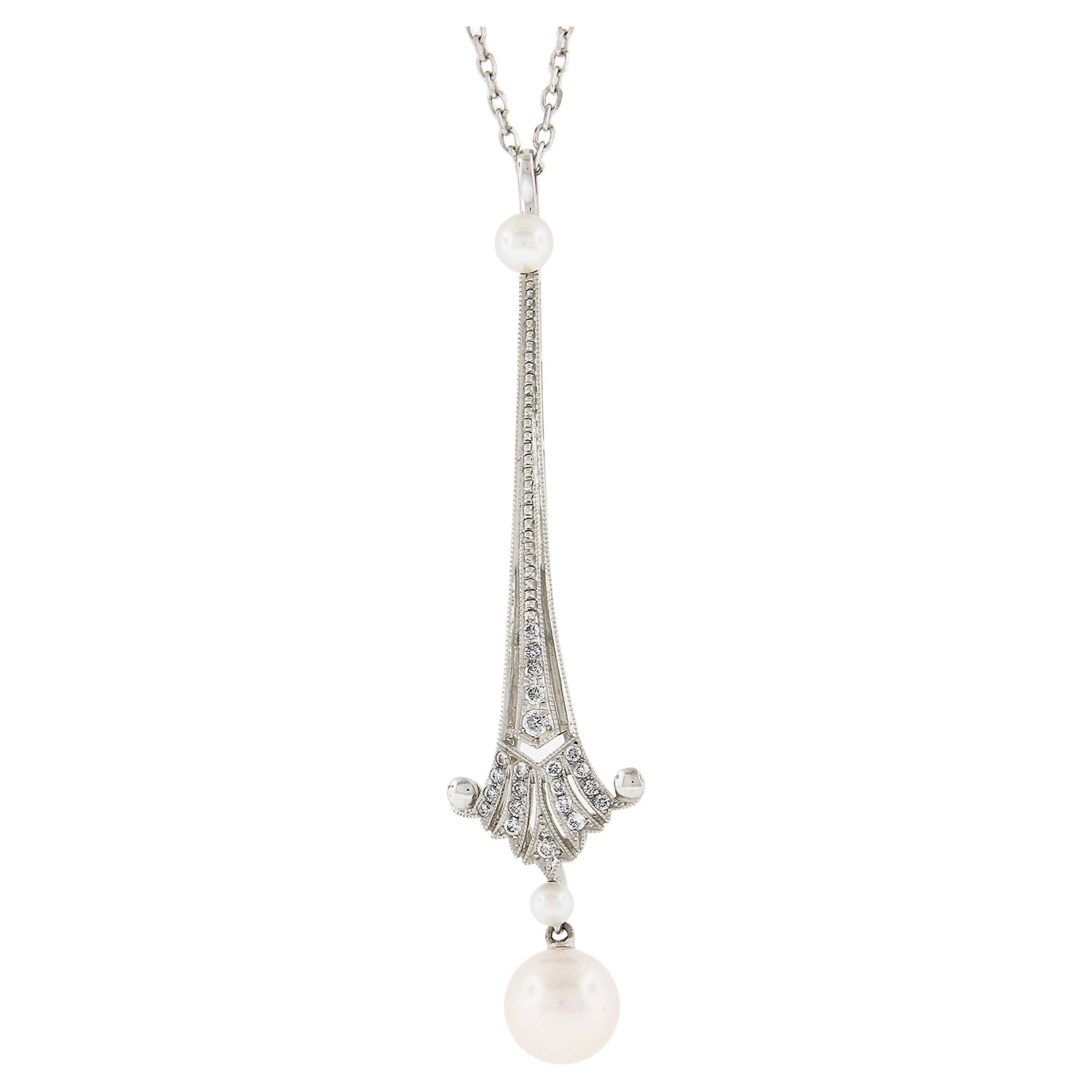 Mikimoto 18K Gold 8.1mm Pearl & 0.12ct Diamond Dangle Pendant w/ Chain Necklace For Sale