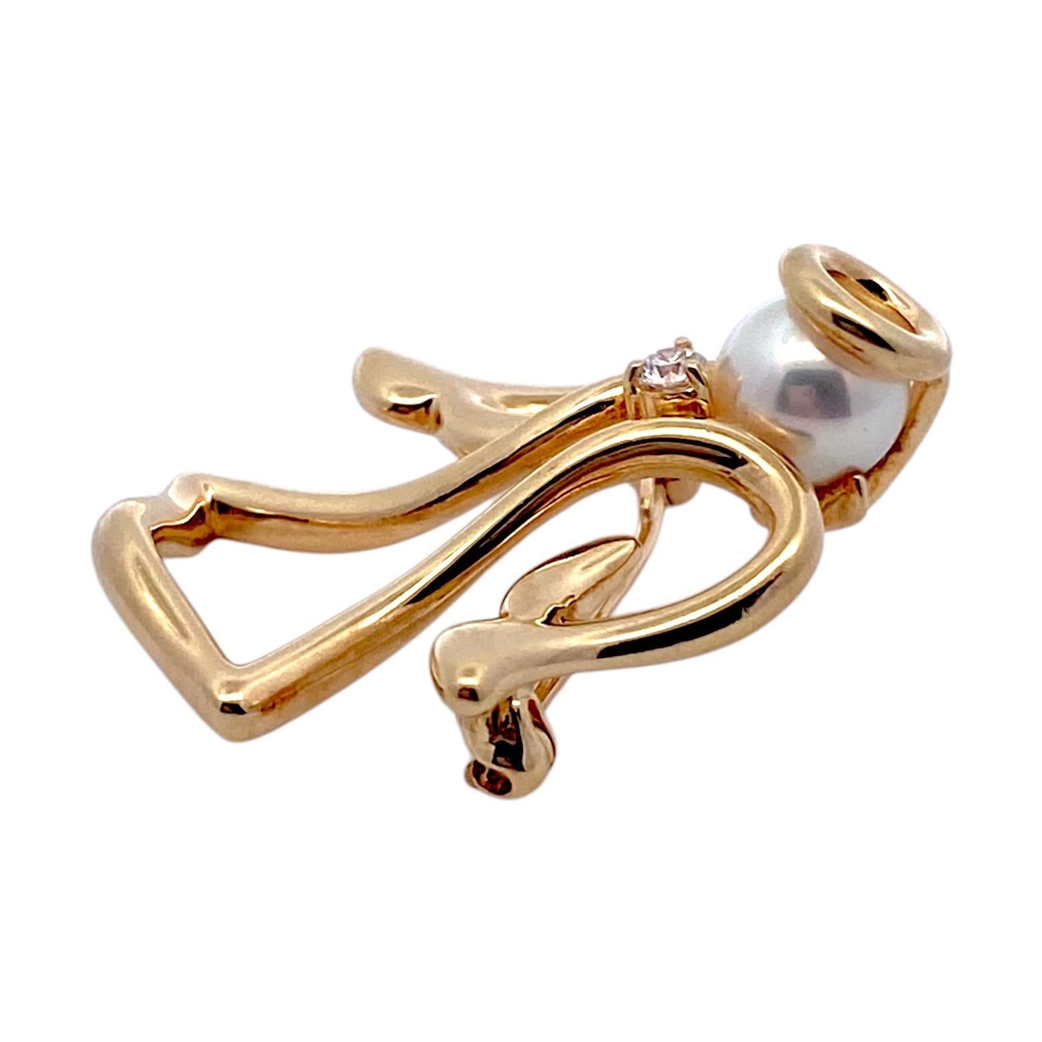 Contemporary Mikimoto 18K Gold Akoya Pearl and Diamond Angel Pin Brooch For Sale