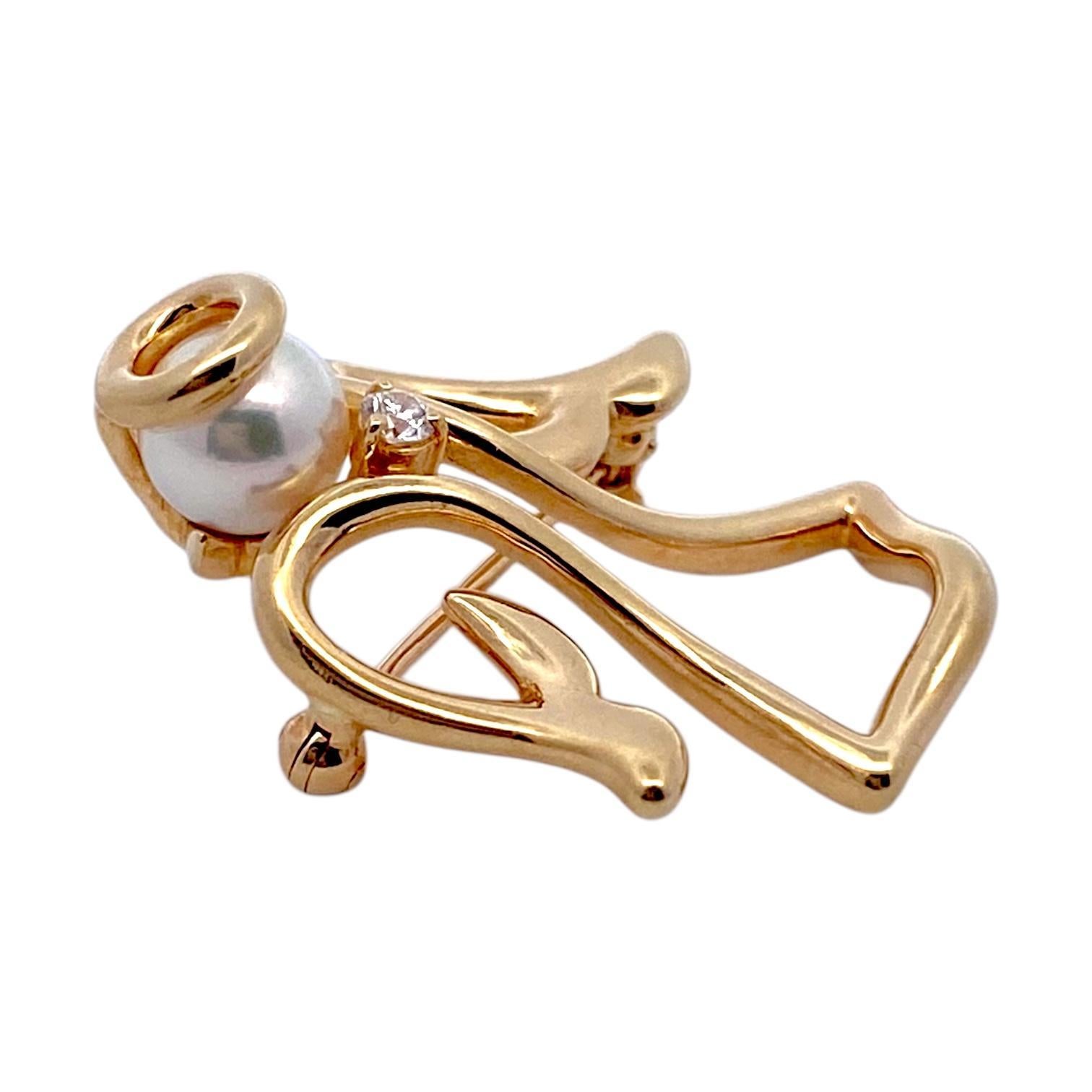 Mikimoto 18K Gold Akoya Pearl and Diamond Angel Pin Brooch In Excellent Condition For Sale In Henderson, NV
