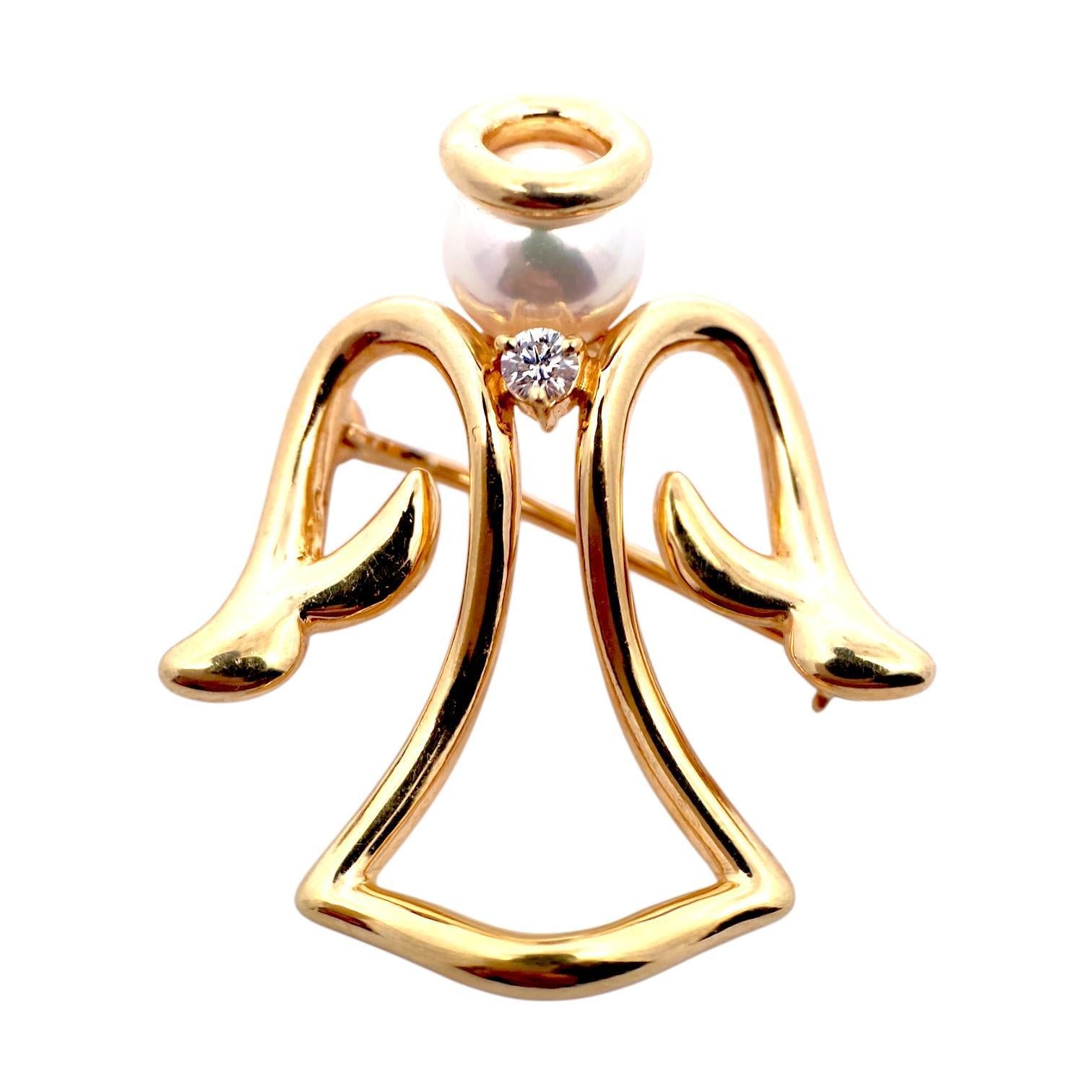 Women's or Men's Mikimoto 18K Gold Akoya Pearl and Diamond Angel Pin Brooch For Sale