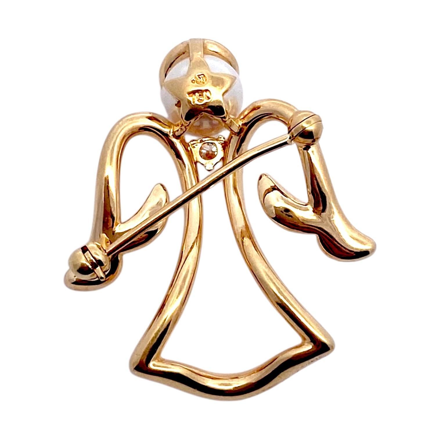 Mikimoto 18K Gold Akoya Pearl and Diamond Angel Pin Brooch For Sale 2