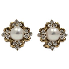 Mikimoto 18K Gold Pearl & Diamond Earrings, 2.40ctw, 8.7mm Pearls