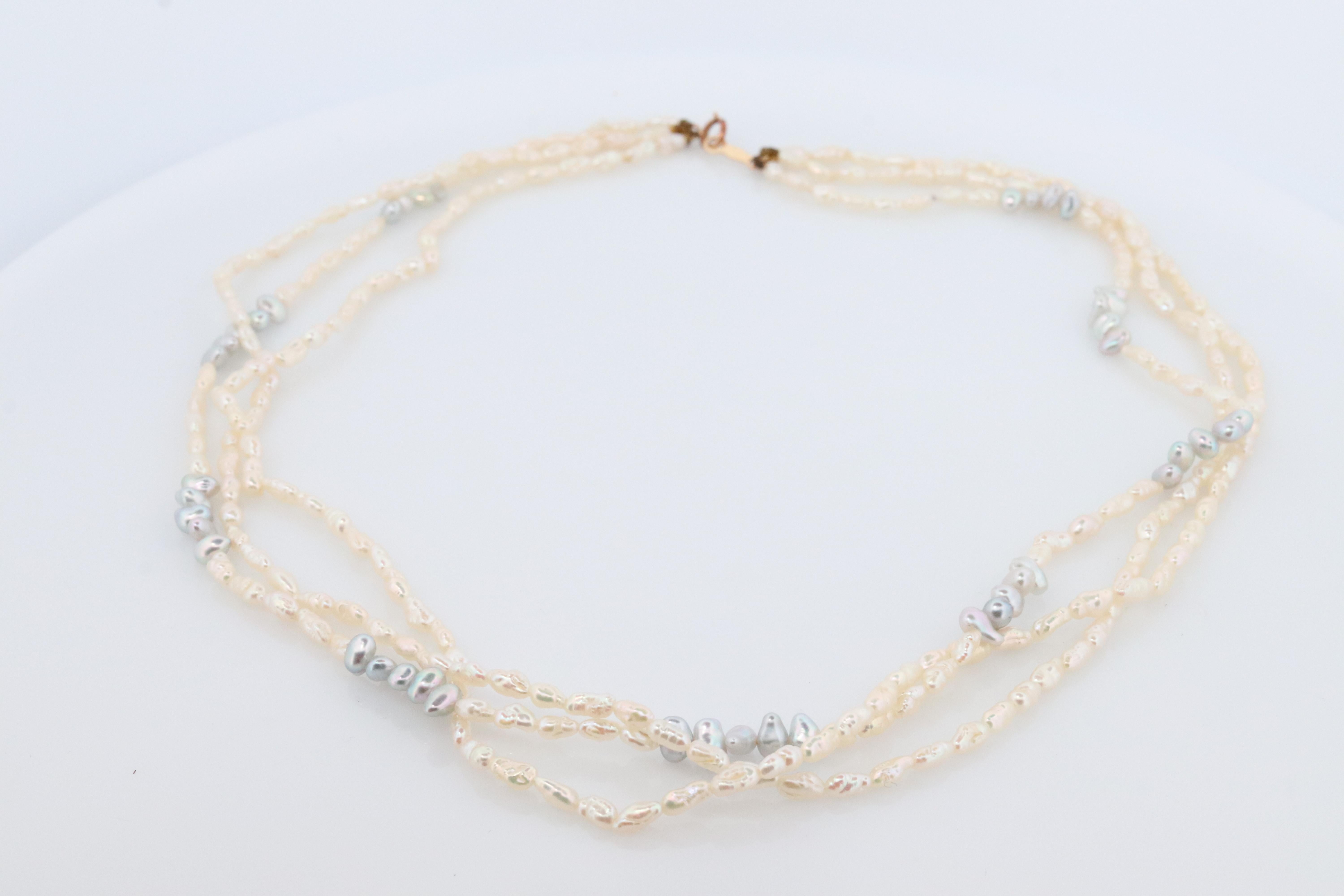 Modern MIKIMOTO 18k Gold Pearl Necklace. Rice Pearls Multi Strand Necklace. For Sale